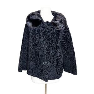 Vintage 60s Size S/M Swing Coat Black Textured Mink Collar Mod Glam Luxurious